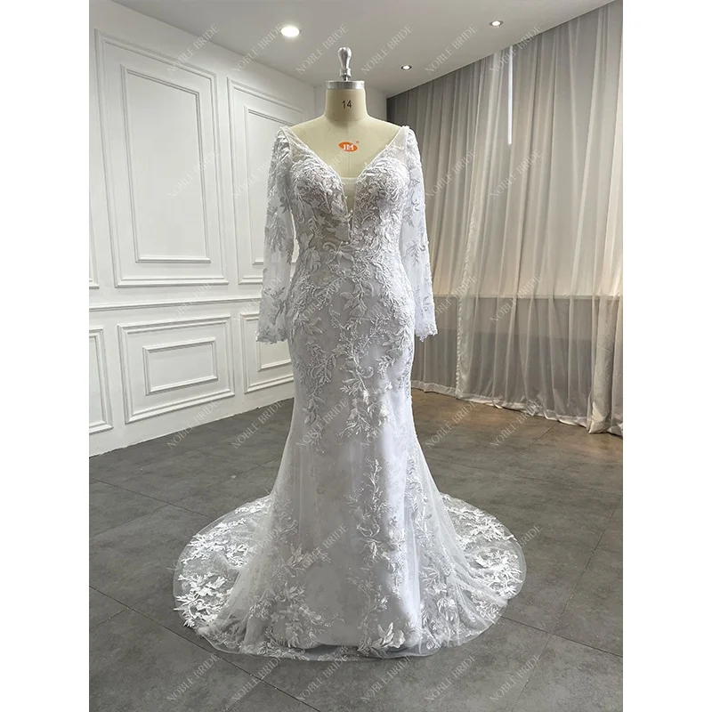 knee length dresses for ladies Enchanted Floral Appliqué Wedding Dress with Plunging Neckline and Sheer Sleeves Plus Size Size 8 main image 1