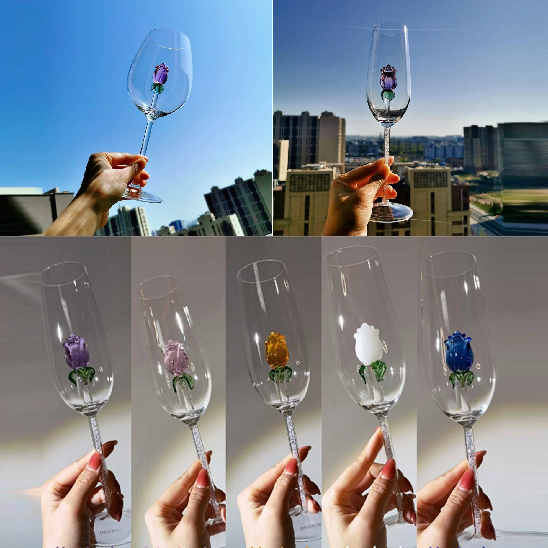 Handmade Transparent 3D Rose Inside Red Crystal Glasses