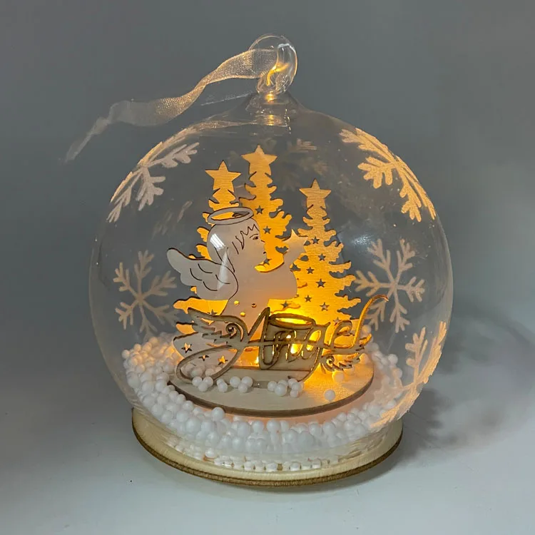 Wholesale personalized clear led light up hand blown glass hanging Christmas tree ball ornament with wooden decoration inside manufacture