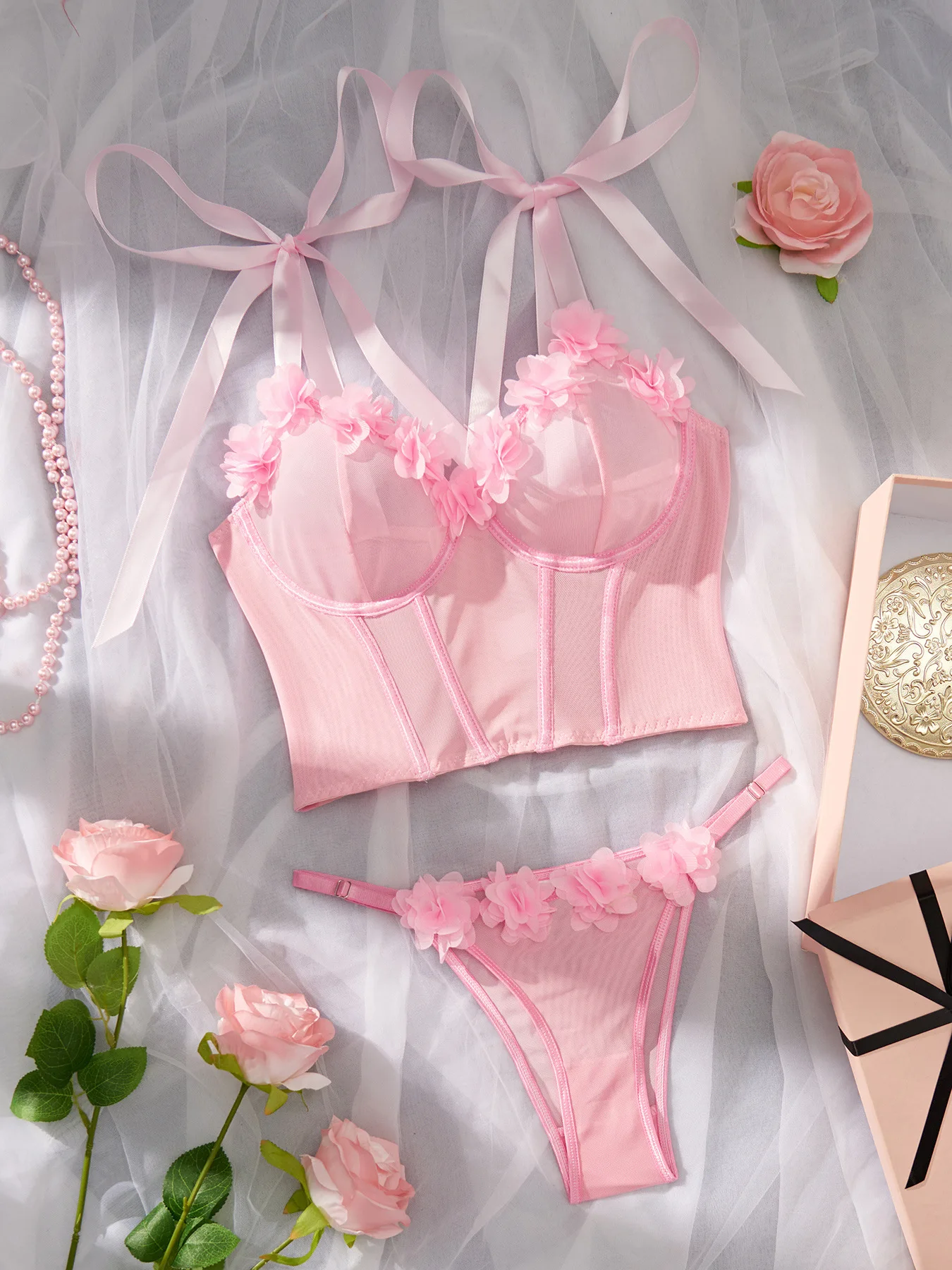 Conjunto de Lingerie Sexy Rosa com Alas e Detalhes para Pequenos Seios,  Sem Boto, Ajuste Slim