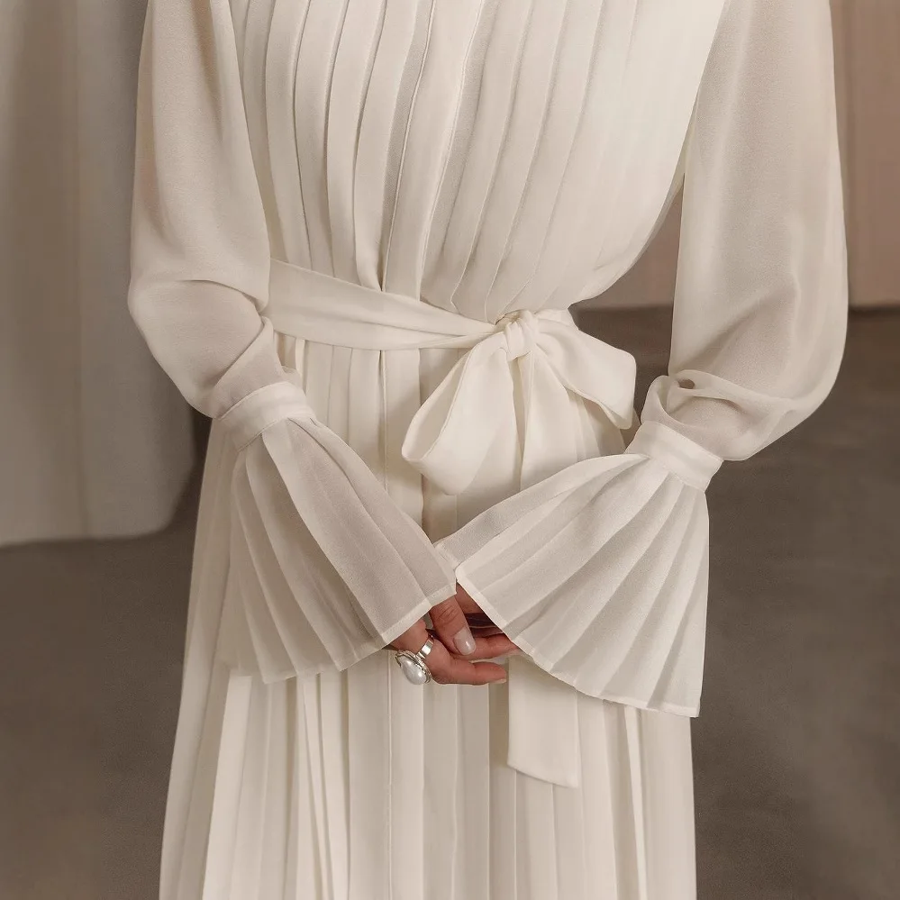 Enyami Modest White Silky Chiffon Evening Party Large Pleated Loose Fashion  Long Maxi Women Dress With Belt