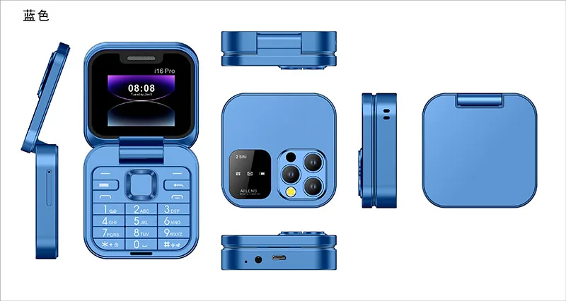 Factory Customized i16pro Mini Fashionable Folding Mobile Phone with French and Spanish Keyboard FM Feature