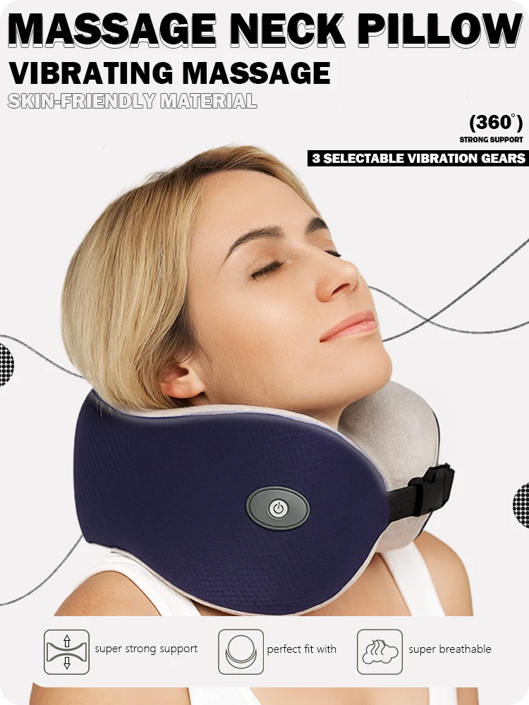 Black Solid Color OEM Wholesale Travel Neck Pillow Massager Portable U-shaped Memory Foam Kneading USB Chargeable Massage Pillow