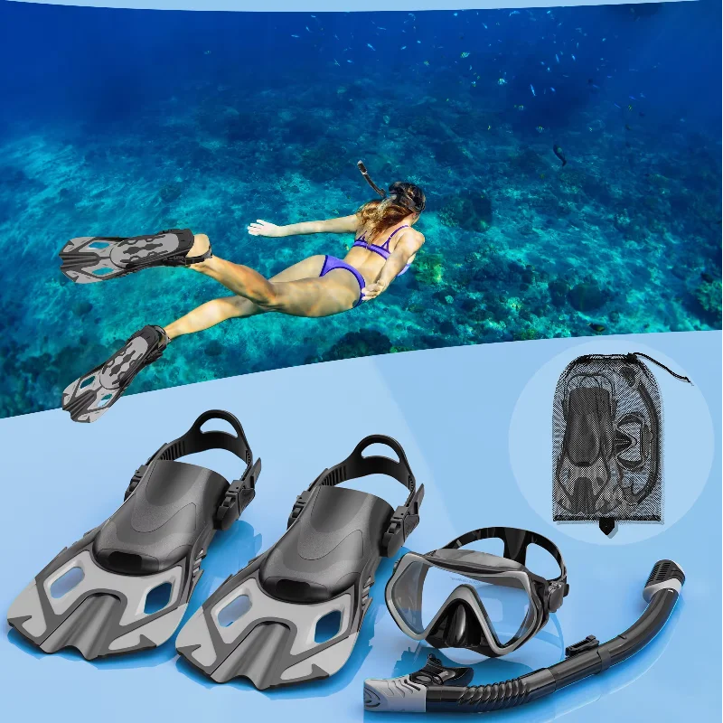 Snorkel Diving Mask Training Fins Flippers Three Piece Set Waterproof Double Lens Tempered Glass Lenses Portable Swimming_desvips.com