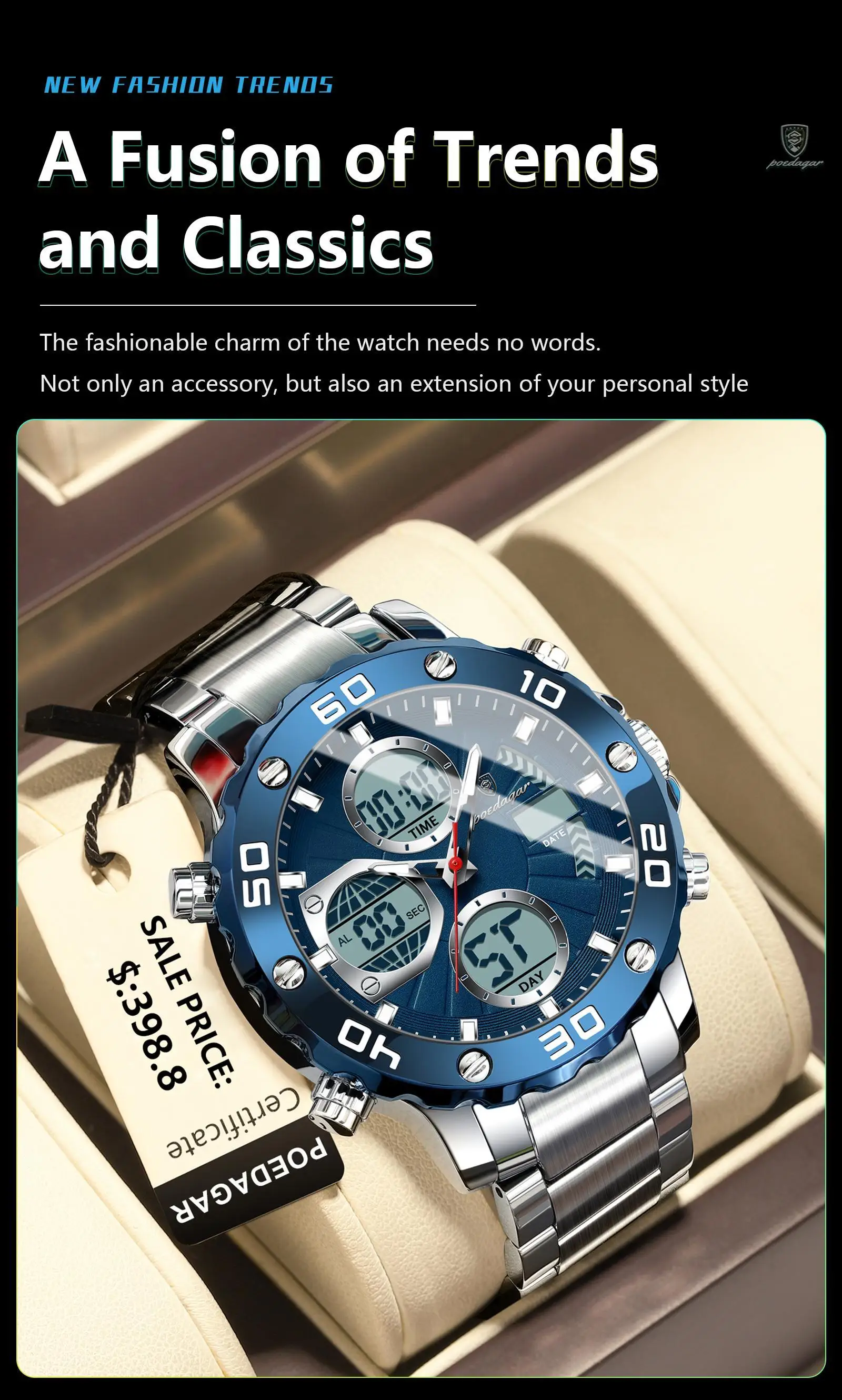 POEDAGAR E102 New Men Fashion Digital Quartz Movement Men Electronic Watches Led Dual  Display Luminous Stainless Watch for Male