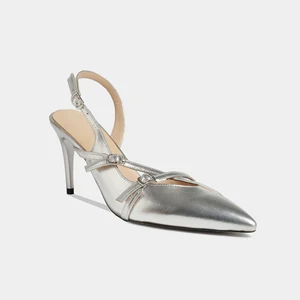 Hot Selling Metallic Silver Stiletto Slingback Pumps Comfortable Barefoot Soft Pointed-Toe Crisscross Buckle Summer Autumn