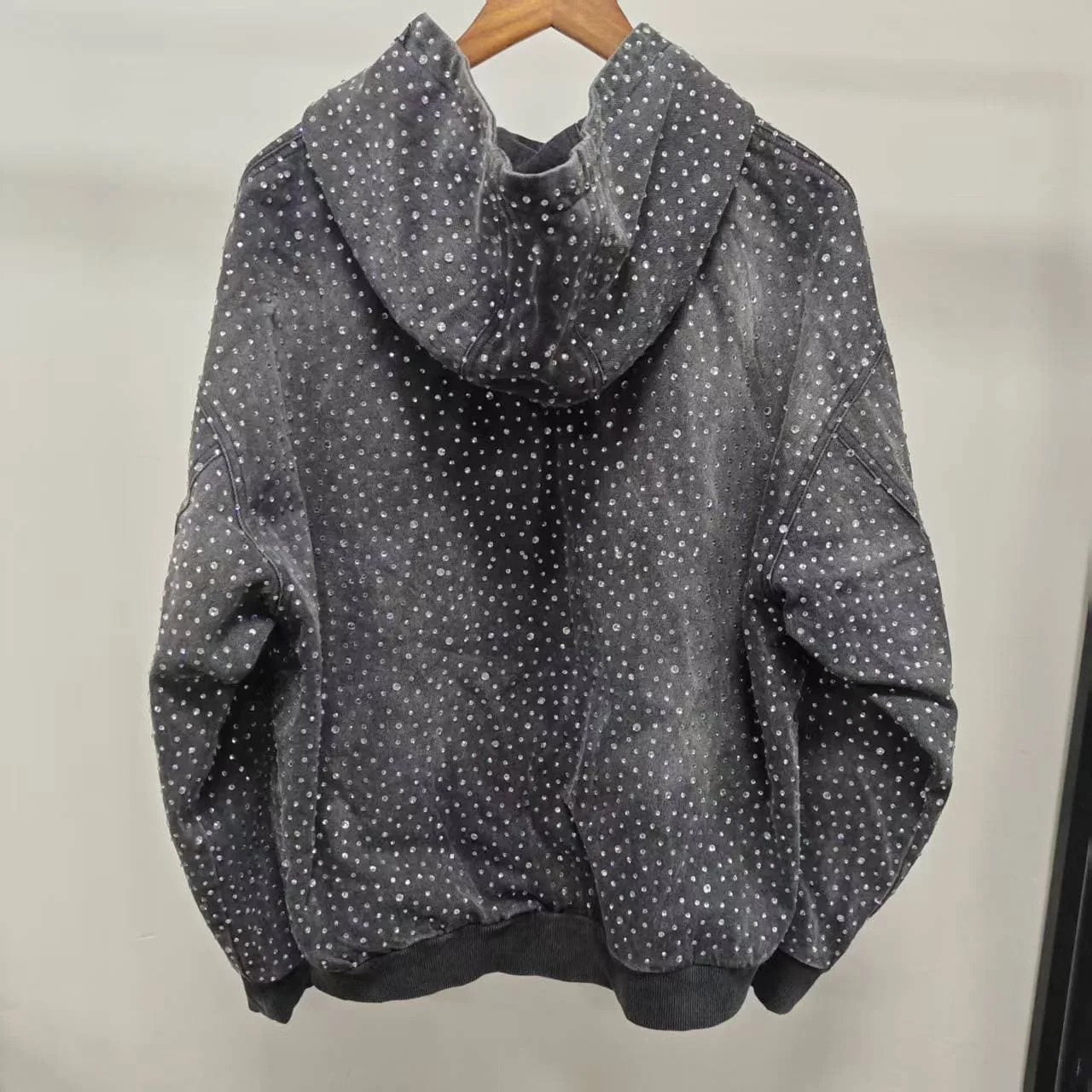 OEM Vintage Stone Washed All Over Diamond Rhinestone Full Zipper Loose Long Sleeve Custom Logo Fashion Jacket Hoodie gallery 2
