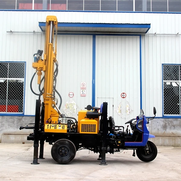 200m Low Price Air Penumatic Drilling Tricycle Mounted Water Well Drilling  Rig Oil Rig Drill Bit V8 Engine Yellow Rotary Engine