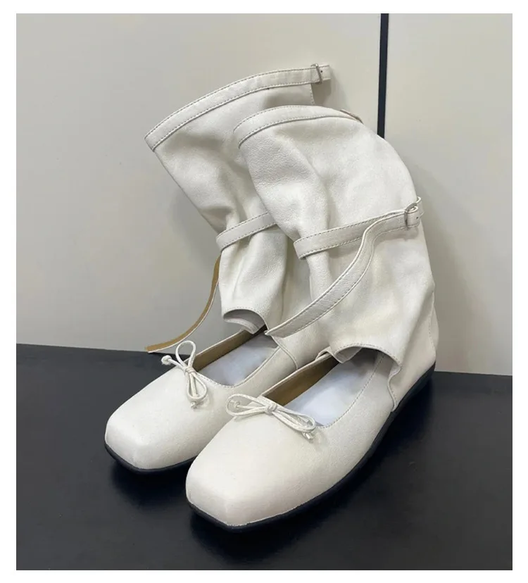 Ladies Square Toe Flat Heel With Bowknot Strap Mary Jane Flat Shoes Ballet Style Women Ankle Boots - Image 6