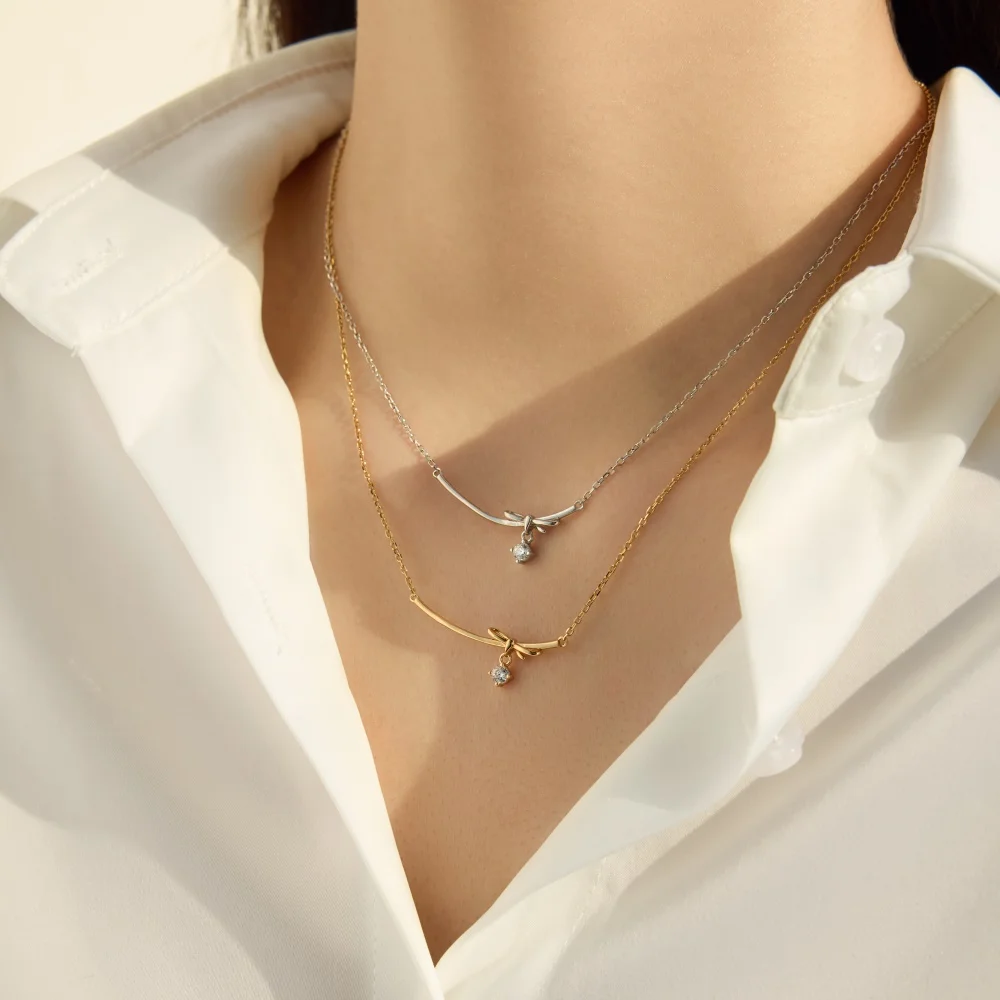 KAKODIY Simple Design Elegant Jewelry 925 Sterling Silver Chain Geometric Line Bar Bow 5A Zirconia Pendant Necklace detail 3
