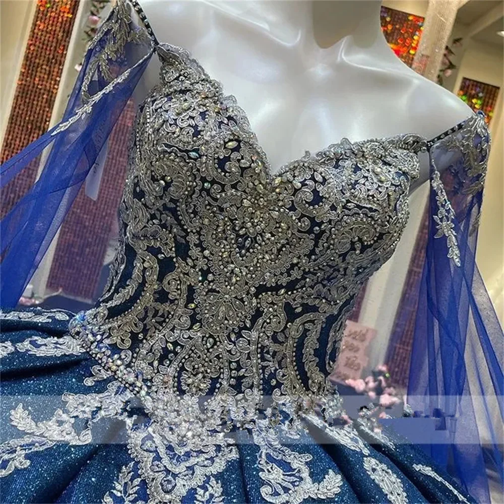 Glitter Royal Blue Court Train Quinceanera Dresses Ball Gown Formal Prom  Graduation Gowns Cape Princess Sweet 15 16 Dress MQ728