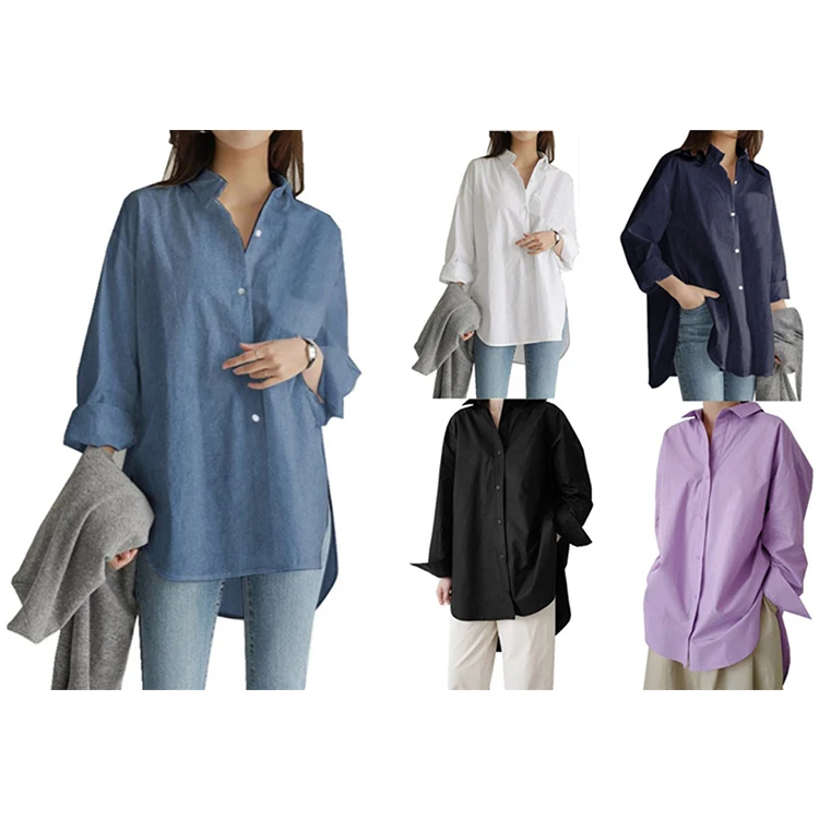 Camisas Jeans da Moda em Azul para Mulheres, Blusa Assimétrica Informal, de Manga Longa, Camisa Feminina com Botões, Túnica Solta