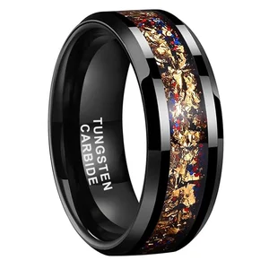 8mm Mens Womens Fashion Engagement Wedding Bands Blue Red Gold Foil Inlay Beveled Polished Shiny Black Tungsten Carbide Rings