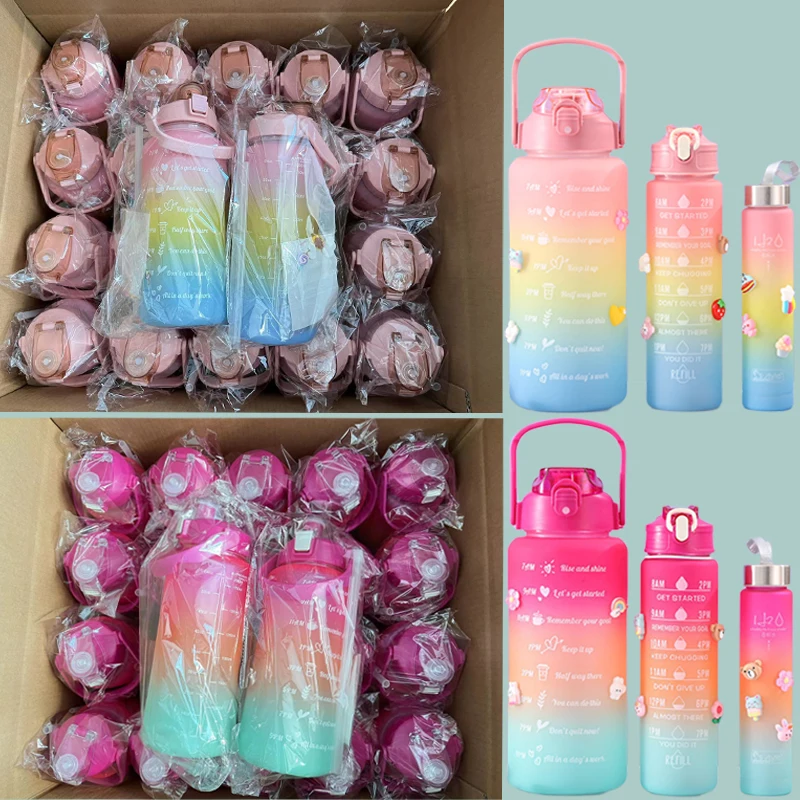 3pcs Set 2000ml 900ml 500ml Gradient Plastic Water Bottle Portable