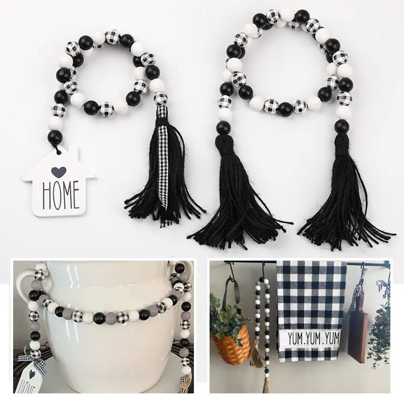 Черно-белая деревянная гирлянда из бусин с кисточками пасхальный фермерский деревенский деревянный бисер натуральных Большой Настенный