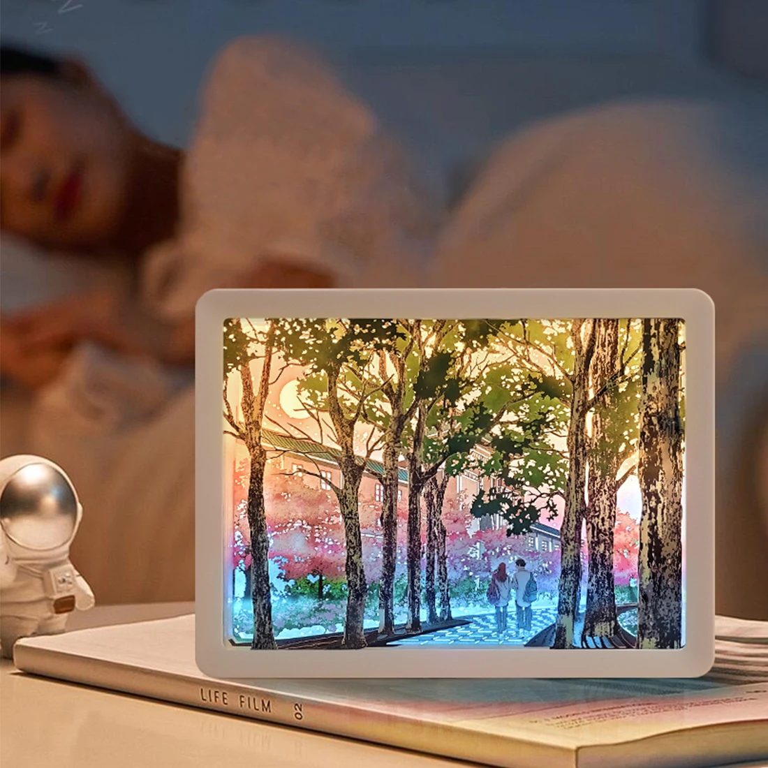 Cherry Blossoms Campus Scenery Printed Paper Cut Light Box Bedside