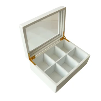 wooden craft gift box travel White 6 compartments glass lid divided wooden tea bag box packaging wholesale