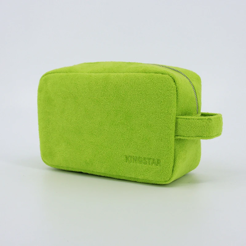 Custom Logo Zipper Soft Terry Cloth Fabric Women Cosmetic Makeup Make up Toiletry Pouch Bag with Handle