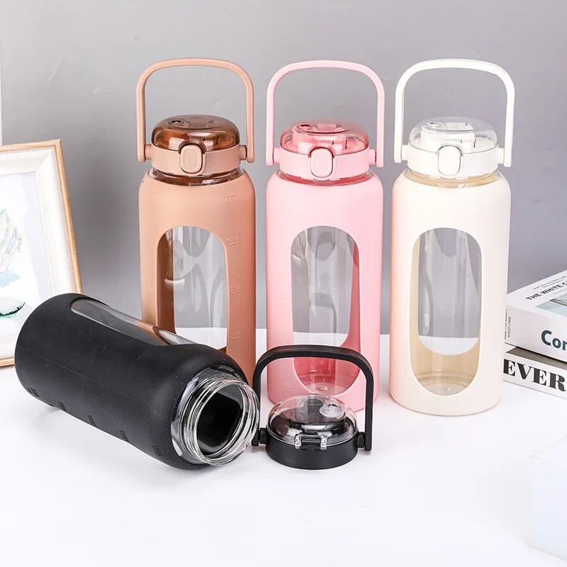 2025 64 oz Glass Water Bottle With Handle & Silicone Sleeve - Eco-Friendly  Motivational Kettle for Outdoor & Office Use