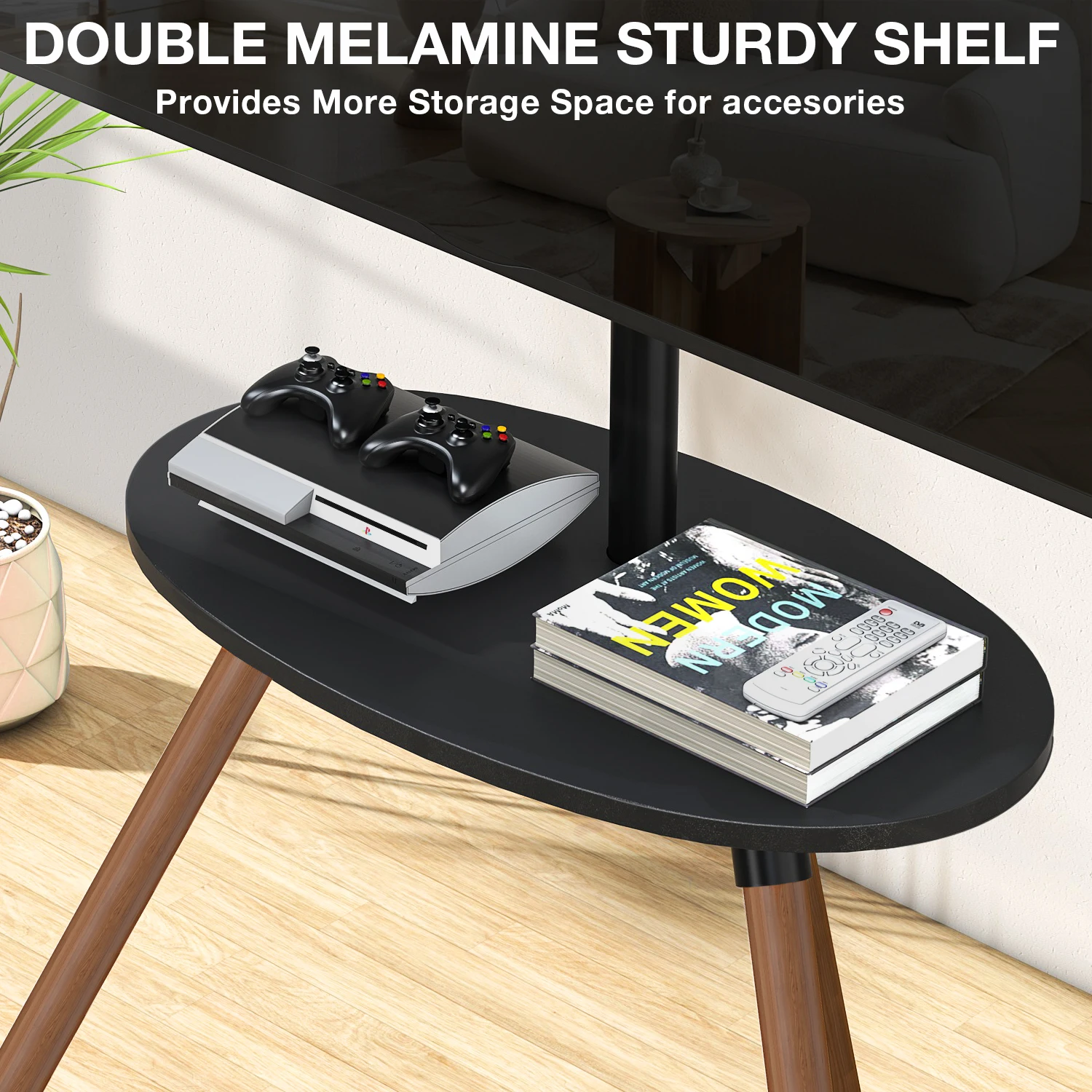 Alloy Steel with Heat Transfer Printing Walnut Tripod Stand, Easel TV Mount with Three Legs and Elliptic MDF Sounder Bar Shelf