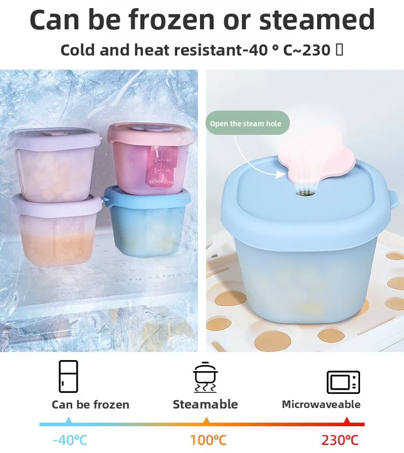 Baby Silicone Mold for Complementary Food Steam Cook Meat Puree Ice Compartment with Frozen Storage Food Packaging Box factory