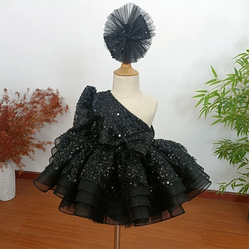 Kids Black Ball Gown One Shoulder Long Sleeve Sequin Dress