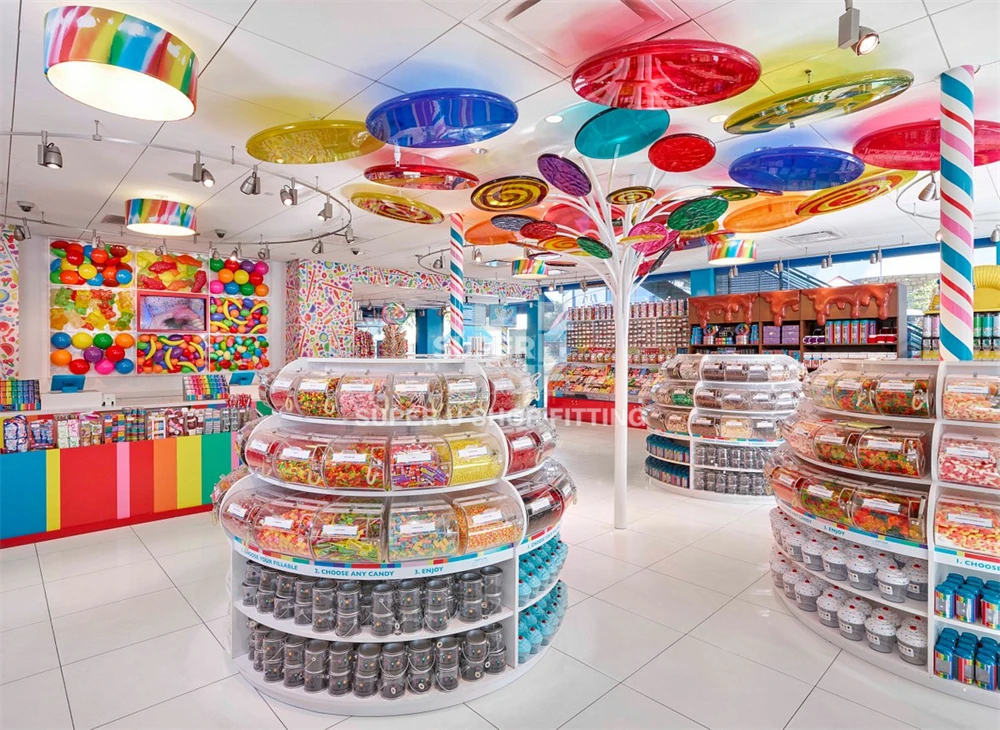 Custom Candy Gondola Showcase Sugar Sweet Candy Display Stand Furniture Lolly Candy Shop Interior Design Supplier