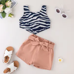 2022 Summer Little Girls Casual Outfits 2pcs Fashion Sets with Sleeveless Zebra Stripe Printed Vest Solid Shorts Belt Included