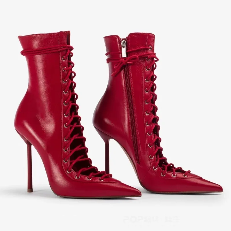 Lace Up Dress Red Stiletto High Top Ankle Boots Pointed Toe Plus Size Sexy Women High Heel Short Boots - Image 1