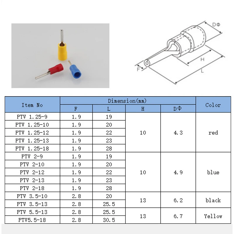 PTV1.25-9 pin type pre-insulated terminal 2-10 pin lug PTV5.5-13 pin cold pressed terminal crimp terminal
