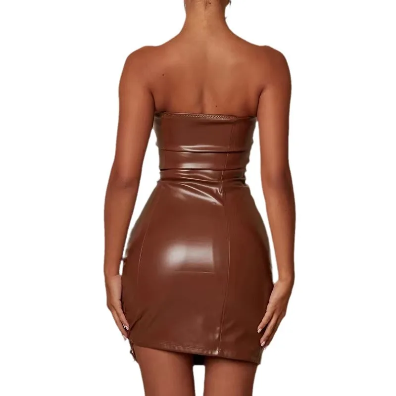 Fashion Wholesale Women Faux Leather Bodycon Mini Dress Sexy Strapless Lace  up PU Leather Latex Dress Street Night Party Dress