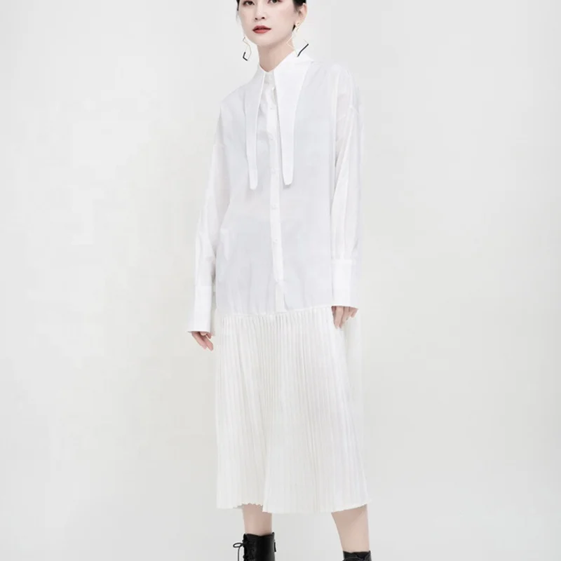 Vestido camisero de manga larga con paneles de encaje para mujer-blanco 