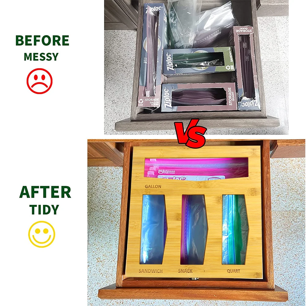 Бамбуковый Органайзер с застежкой-молнией для хранения сумок с крышкой, шкафом, выдвижными ящиками, совместим с галлонами, квартами, сэндвичами и закусками