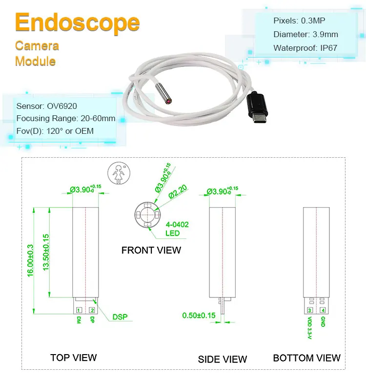 0.3mp Vga Endoscope Camera Module Diameter 3.9mm Usb2.0 Uvc Free Driver