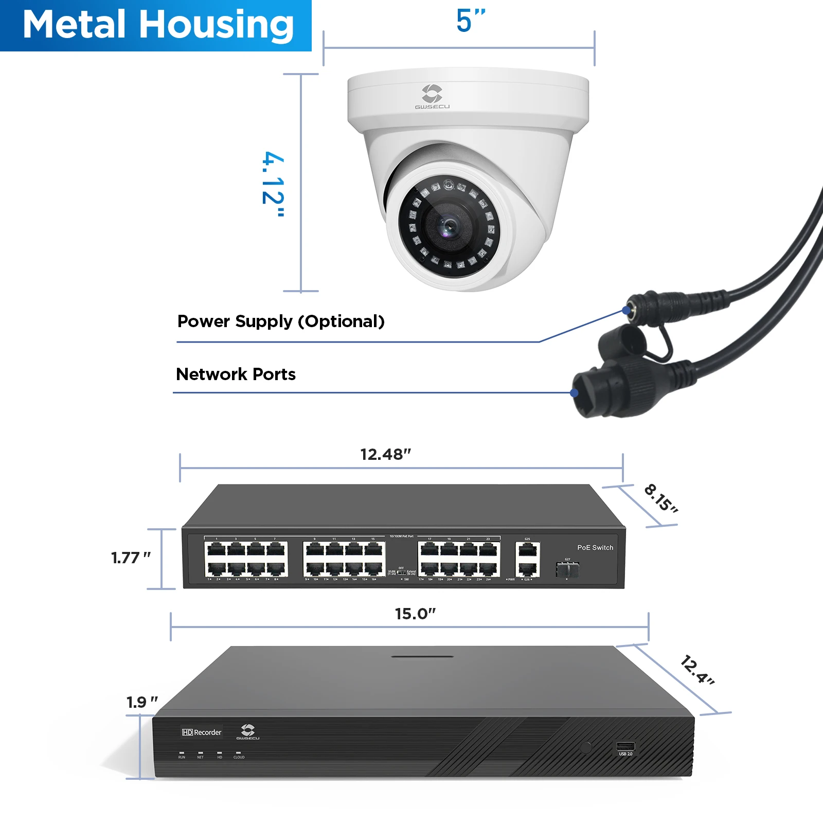 GWSECU 4K 32 Channel Security Camera System with 24PCs 8MP HD 110 Degree Angle AI Human Vehicle Detection Dome IP PoE Cameras