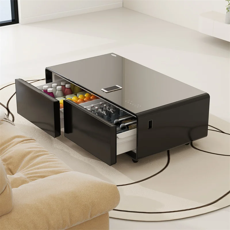 Smarter Couchtisch Mit Integriertem Kühlschrank,Zwei Schubladen,Stauraum Und Musikboxen,Kabelloses Laden Für Die Männerhöhle