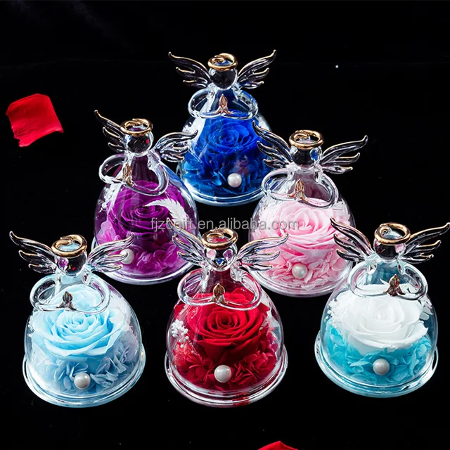 2025 New Style Glass Angel Figurine With Three Roses Gifts Rose Gifts Preserved Forever Real Rose For Mothers Day Gifts