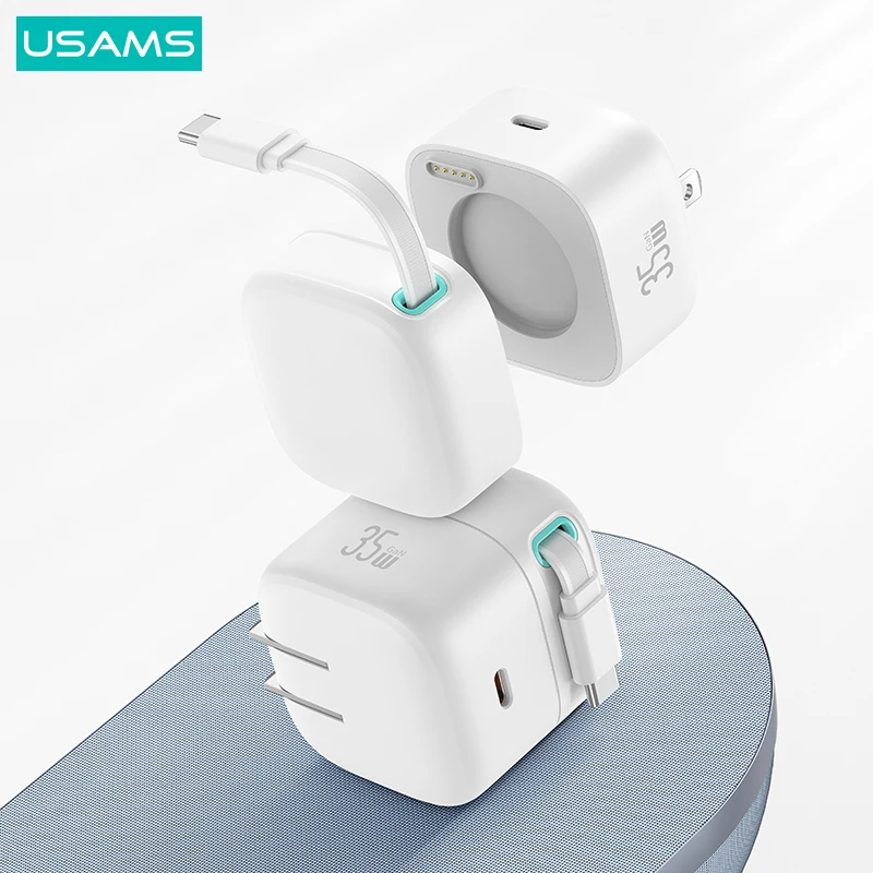 USAMS 2023 Private 35w Pd Fast Charger US Plug Type c Port With Type c Retractable Cable 35w Usb c Charger Gan