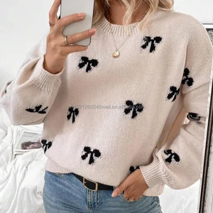 European American Women's Casual Autumn Sweater with Simple Design Bow Jacquard Front Logo Independent Station for Foreign Trade