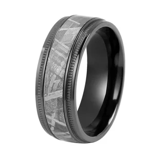 Black Zirconium 8mm Flat Band with Reverse Milgrain and an Inlay of Authentic Muonionalusta Meteorite Black Zirconium Men Rings