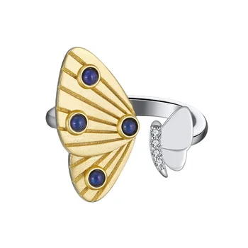 RINNTIN GMR10 Gemstone Jewellery Rings 925 Sterling Silver Jewelry Butterfly Shape Natural Stone Lapis Lazuli Ring for Women