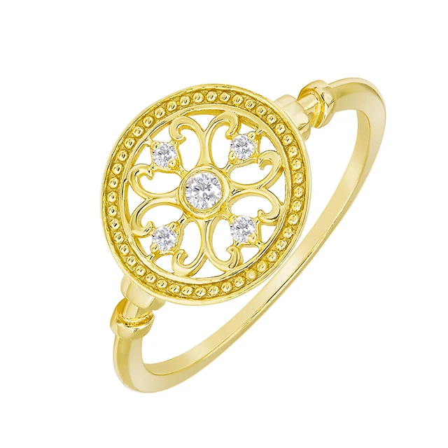Dunli Jewelry Spring 2024 New Product Retro Style Hollow Pattern S925 Silver Plated 14K Gold White Zircon Ring