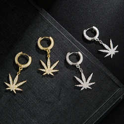 Trend Crystal Zircon Brass Weed Maple leaf stud Earring Hip Hop For men Bling Iced Out Micro Full Paved Jewelry