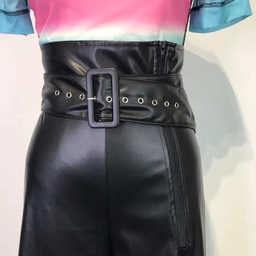 Women's High Waist Style Leather Nightclub Metal Belt Pants main image 1