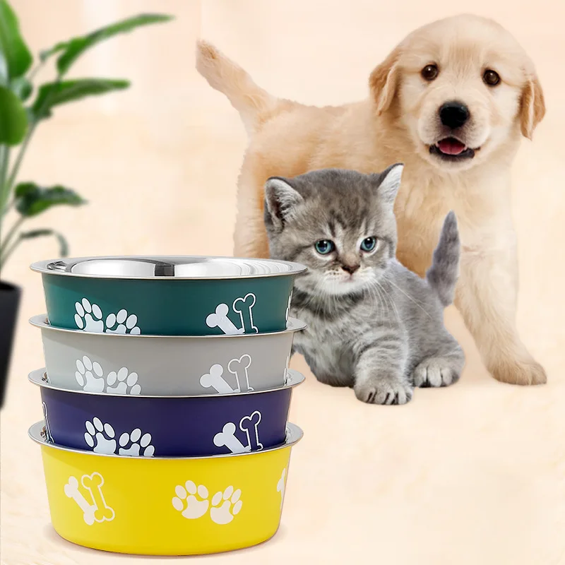 Pet Paw Bone Printing Anti-drop Stainless Steel Bowl Feeders Anti-slip Rounded Cat Dog Bowl Pet Feeding Products supplier