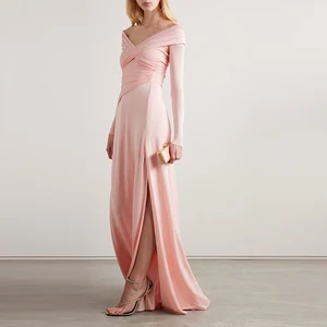 Clothing Manufacturer Custom Spring Autumn V Neck Long Sleeves pink Dresses Women Lady Elegant