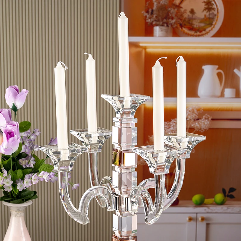 Small Bridge Glass High Long Handle Five Arm Glass Candle Holder Wedding Center Home Decoration Crystal Candlestick