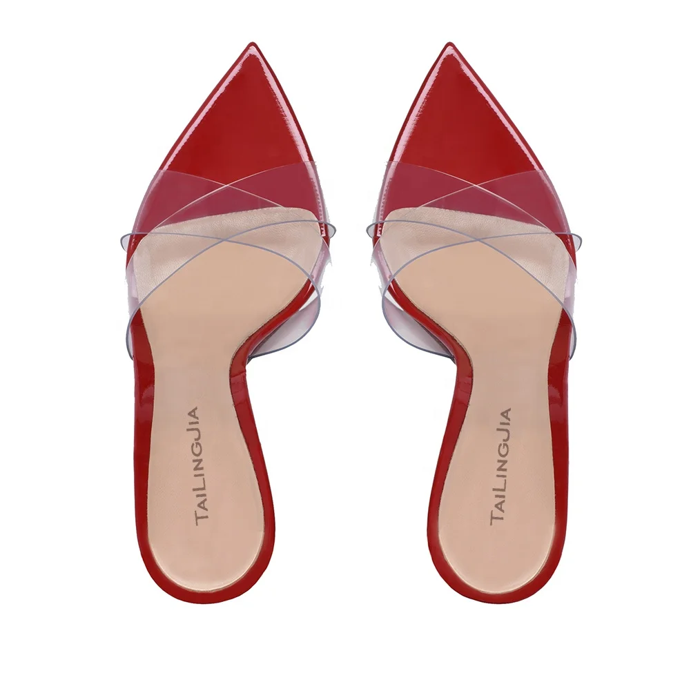 Rojo tacón alto sandalias tacones negro tacón verano claro zapatos mujeres zapatos abierto dedo del pie puntiagudo de PVC transparente mulas