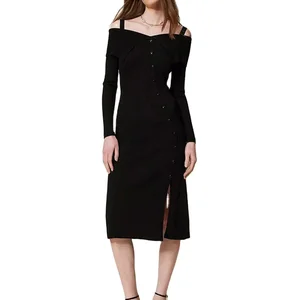 Custom High Quality Pure Cotton Elegant Black Midi Bodycon  Knit Sexy Long Sleeves Off-Shoulder Skirt