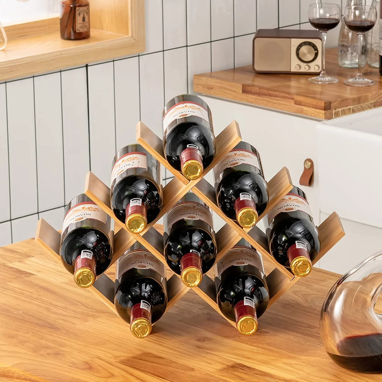 Counter Top 8-Bottles Bamboo Wine Display Rack Bamboo Stands for Wine  Bottle Holder Custom Small Wooden Wine Rack